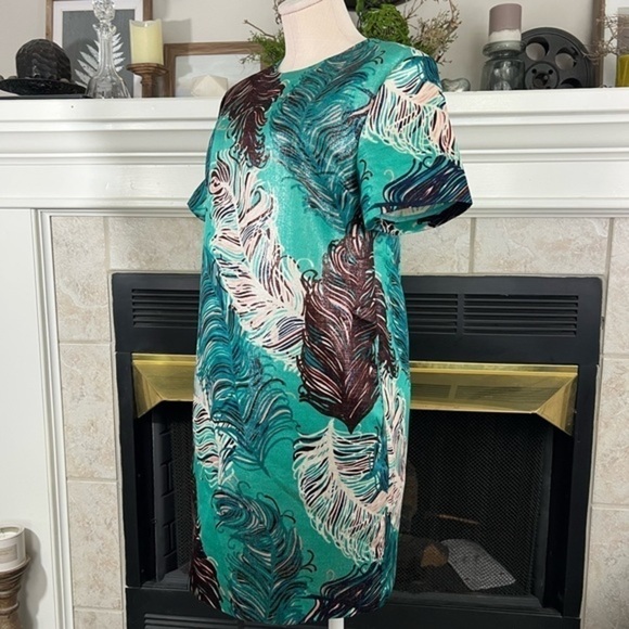 Kate Spade Regal Plumes Feather Print Shift Teal with Platinum Sheen Mini Dress - Picture 4 of 17